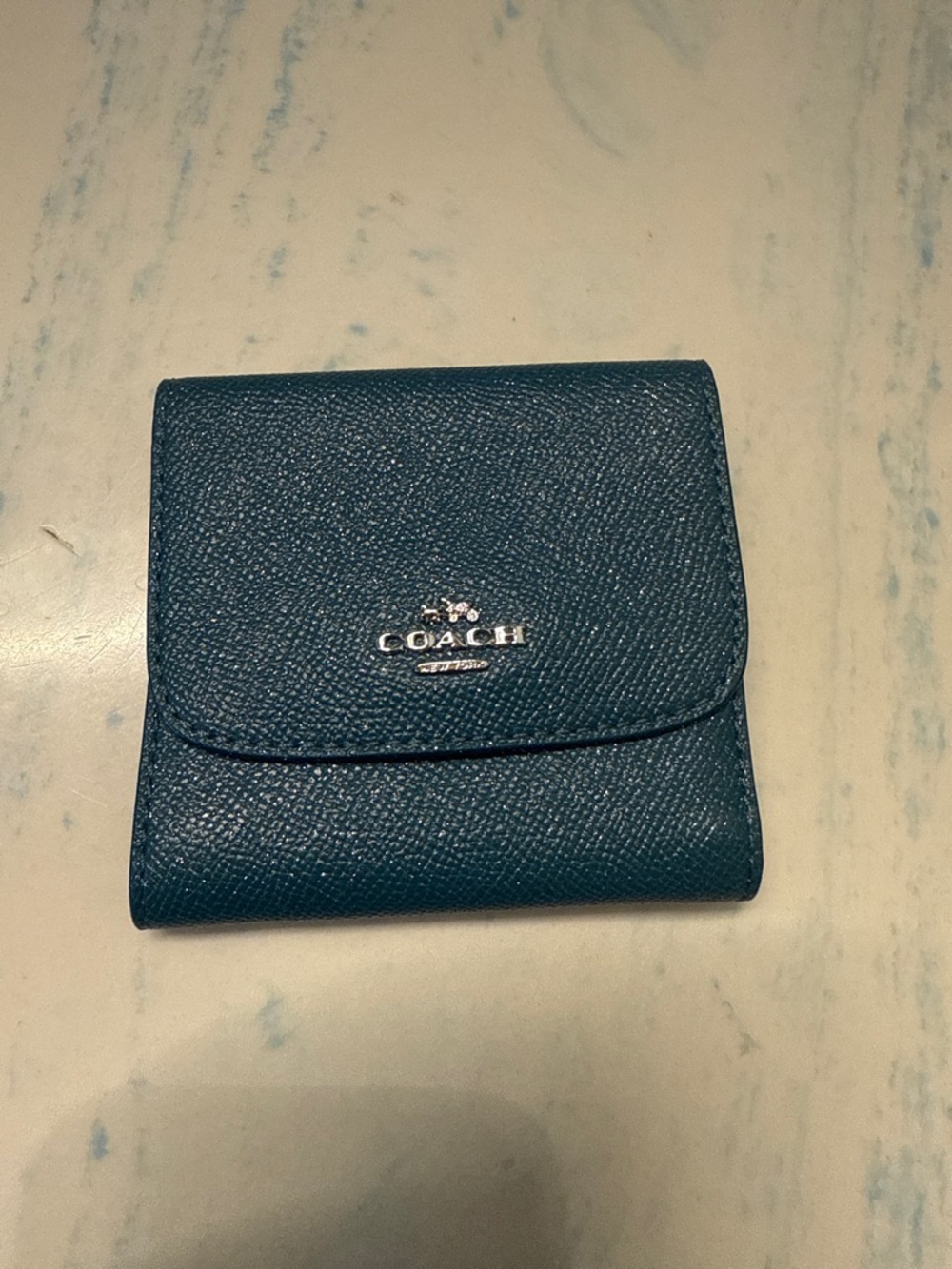 NWT Coach Pebbled Leather Glitter Teal Compact Trifold Wallet